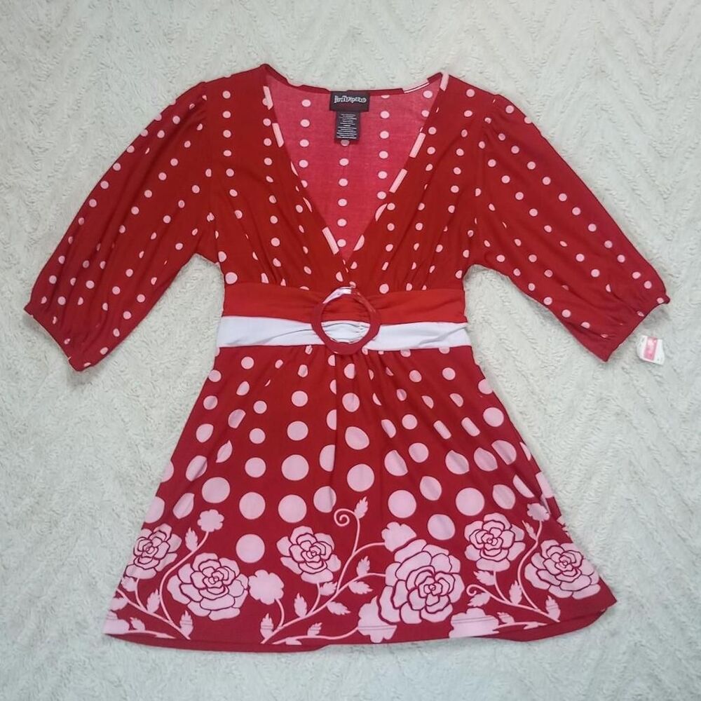Y2K Red Polka Dot Buckle Floral Babydoll Blouse